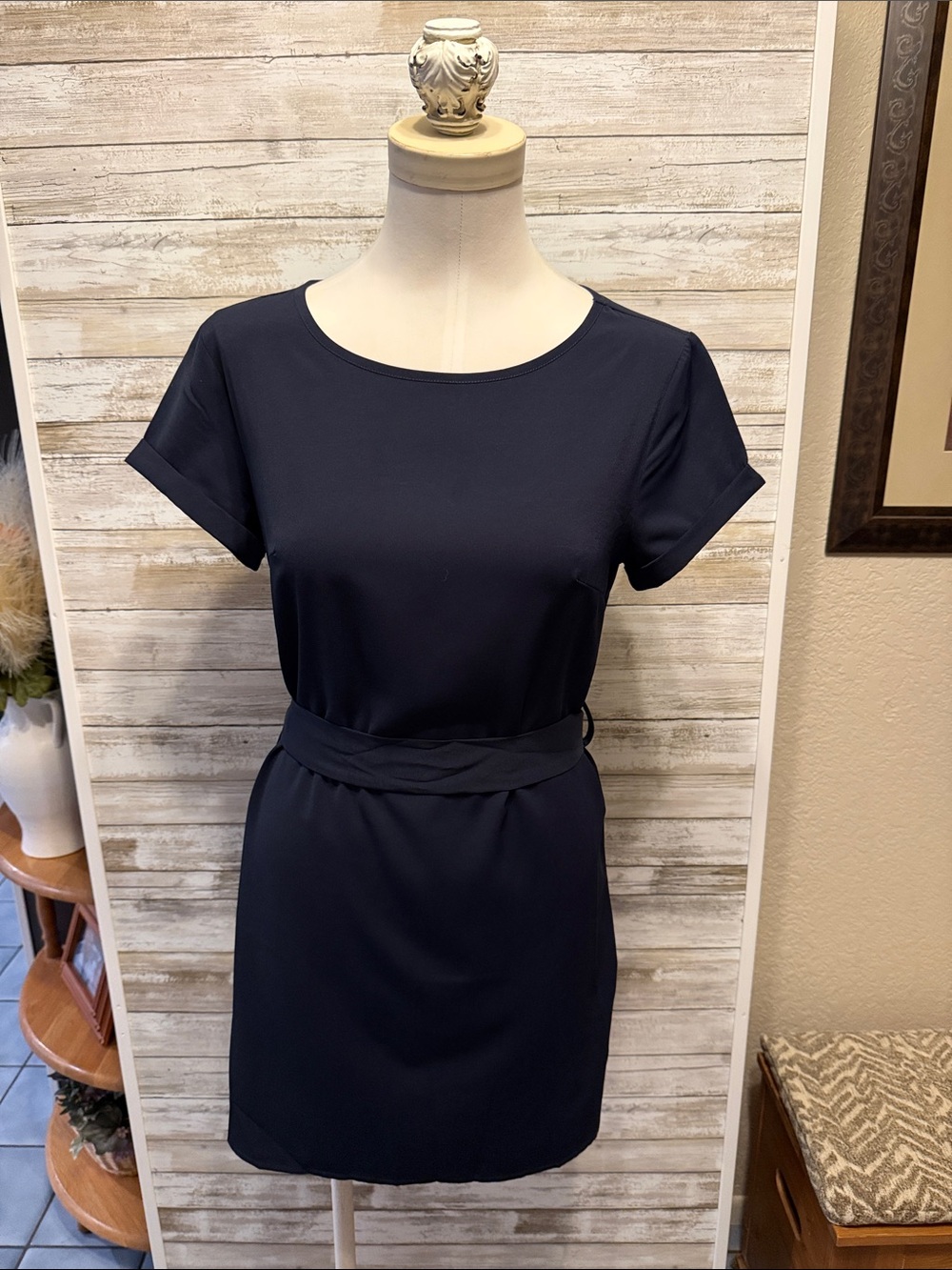 SHEIN Navy Short Sleeve Self-Tie Belt Dress